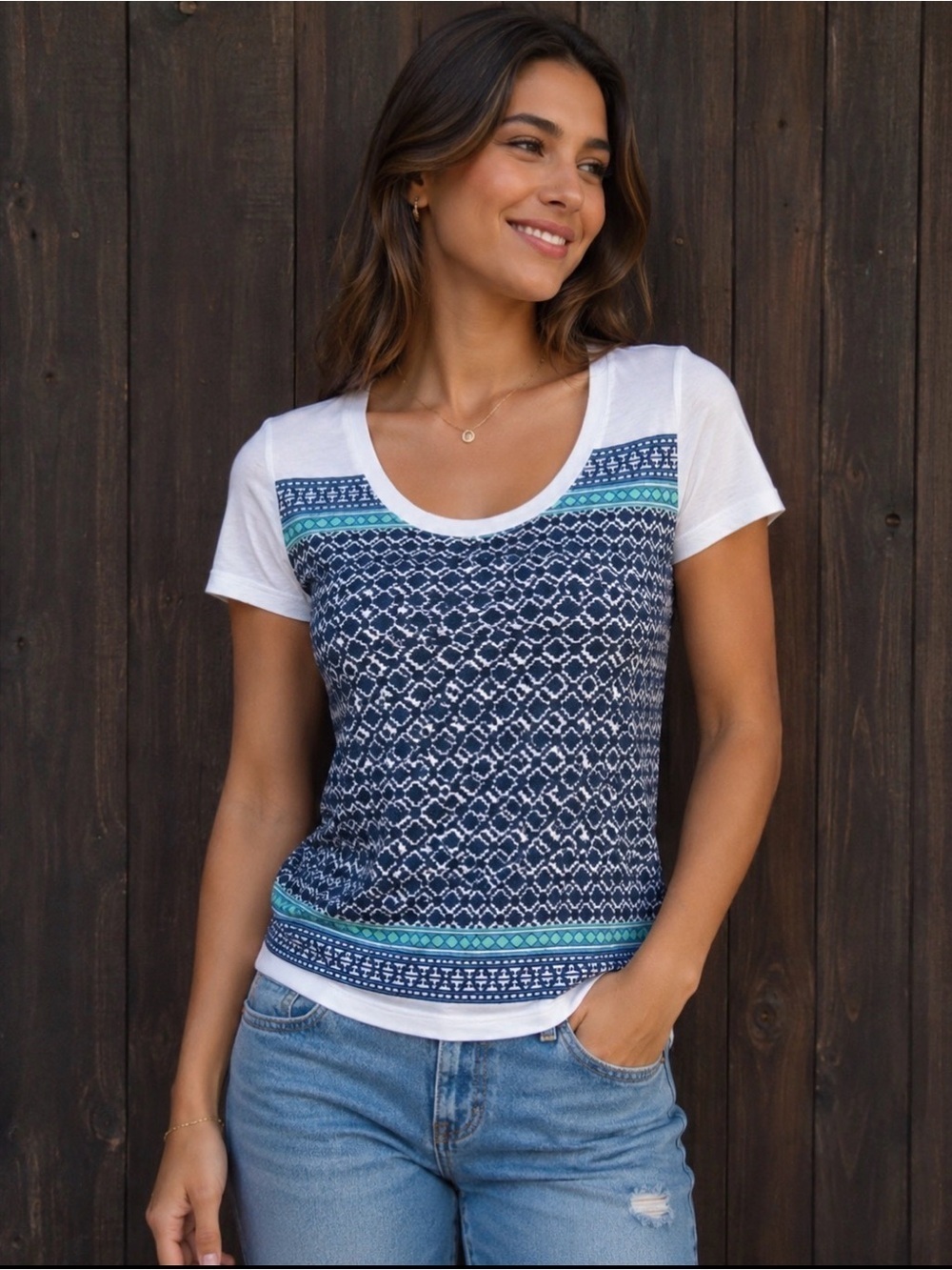 Tory Burch Patterned Blue and White Women's Top Size Small